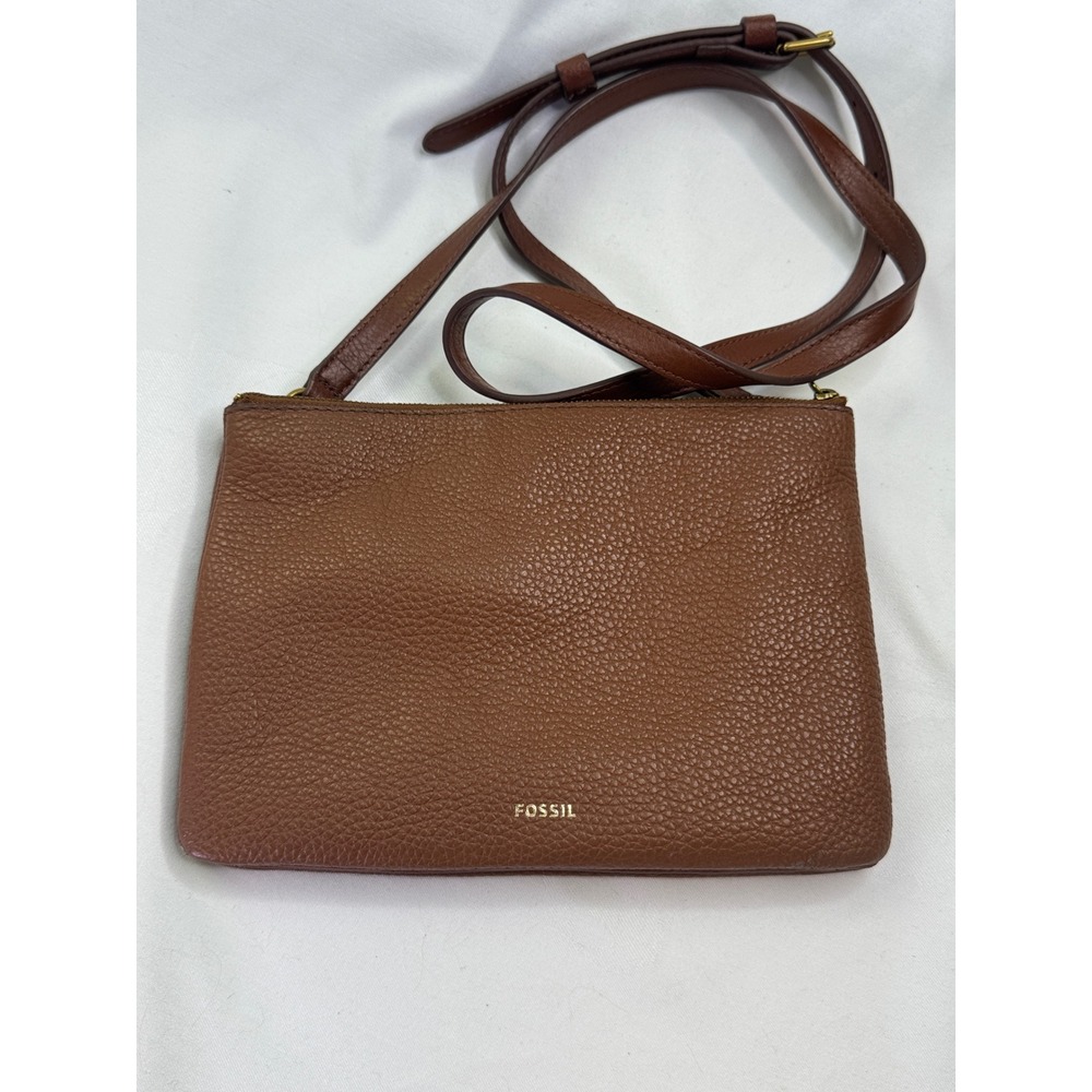 Fossil Brown Pebbled Leather Double Zip Crossbody Bag Gold Hardware Slim Purse